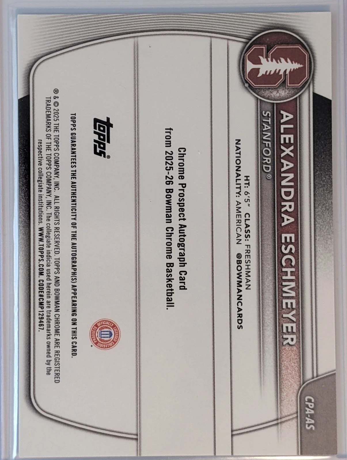 Back of 2025-26 Bowman #CPA-AS Alexandra Eschmeyer Chrome Prospect Autographs