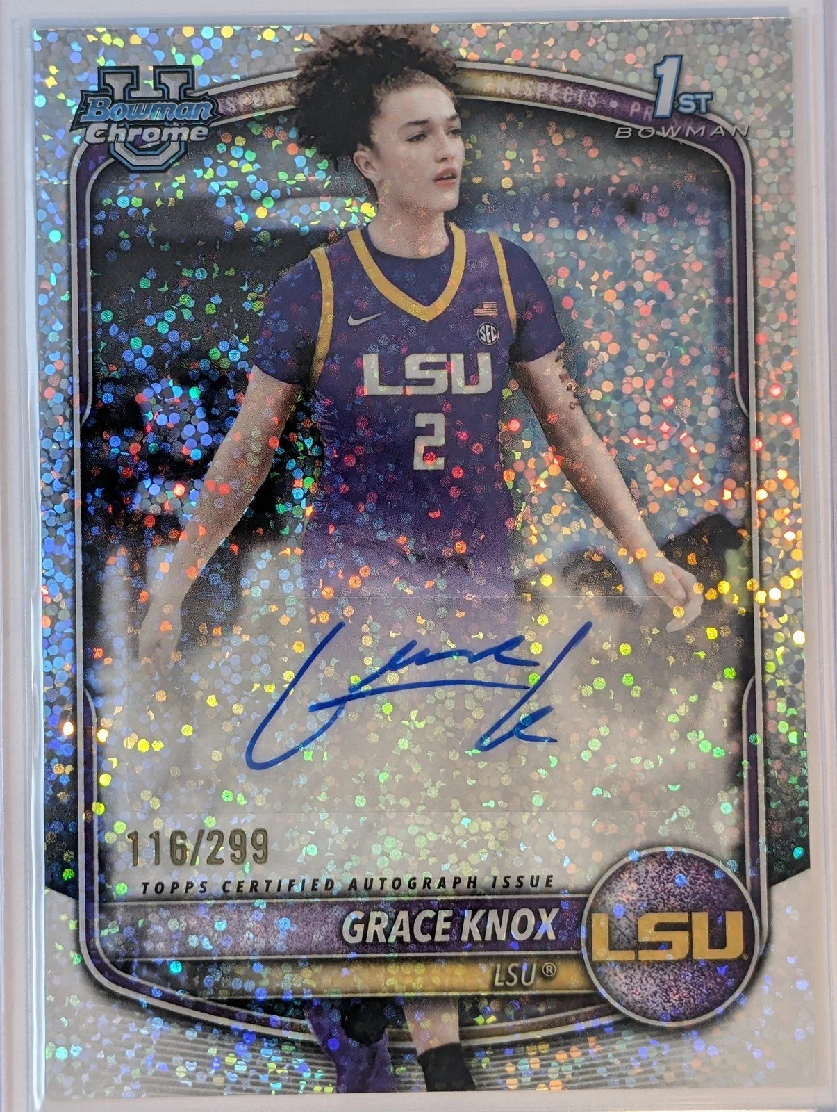 Front of 2025-26 Bowman #CPA-GK Grace Knox Chrome Prospect Auto Speckle Refractor #/299