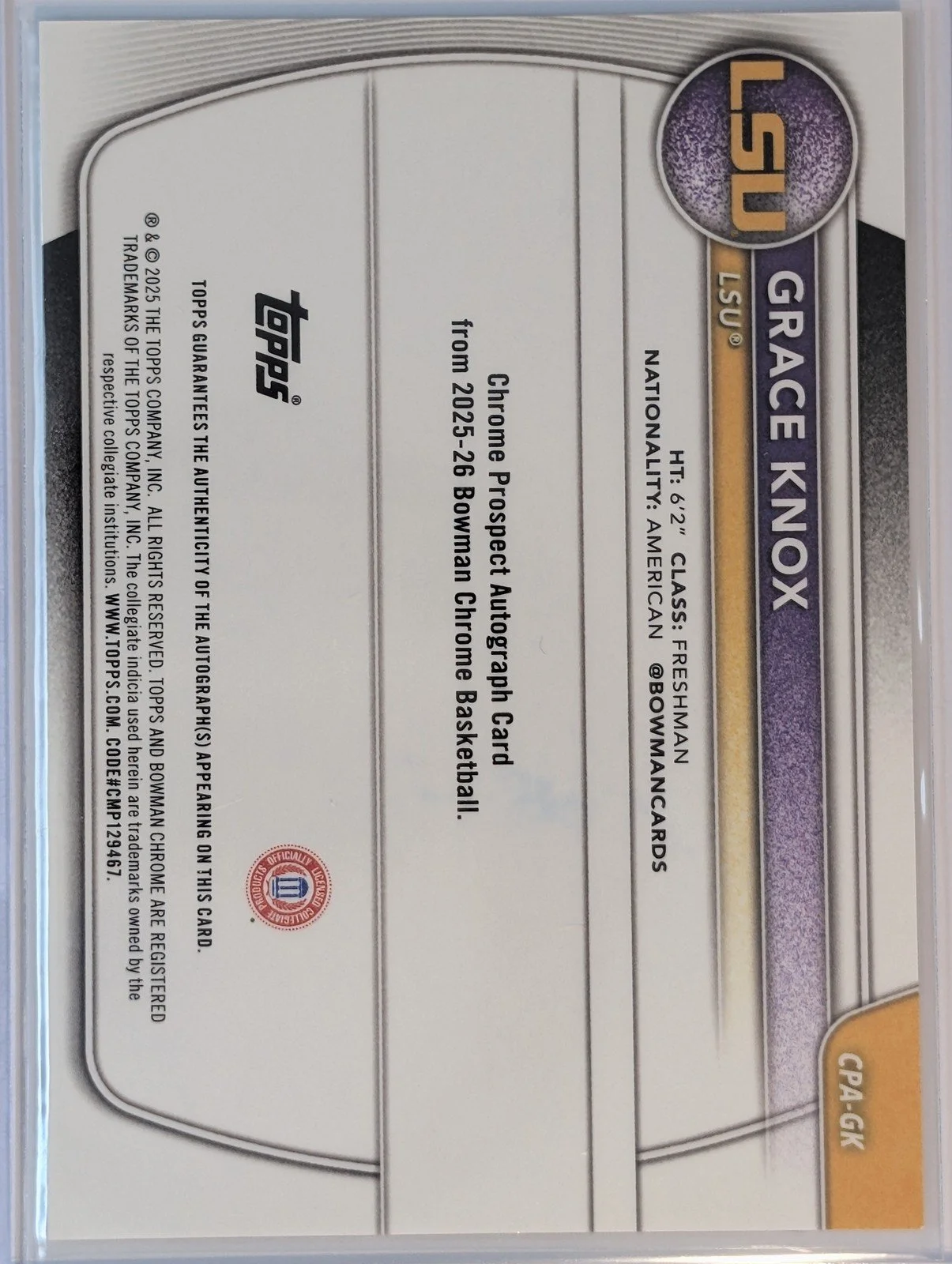 Back of 2025-26 Bowman #CPA-GK Grace Knox Chrome Prospect Auto Speckle Refractor #/299