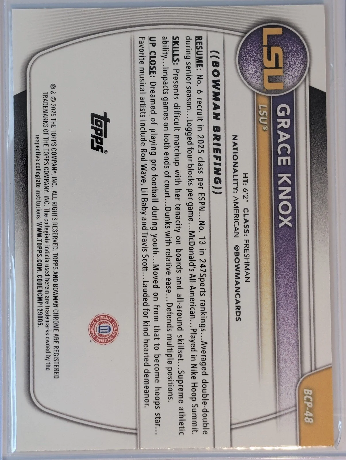 Back of 2025-26 Bowman #BCP-48 Grace Knox Chrome Prospects Lava Refractor #/399