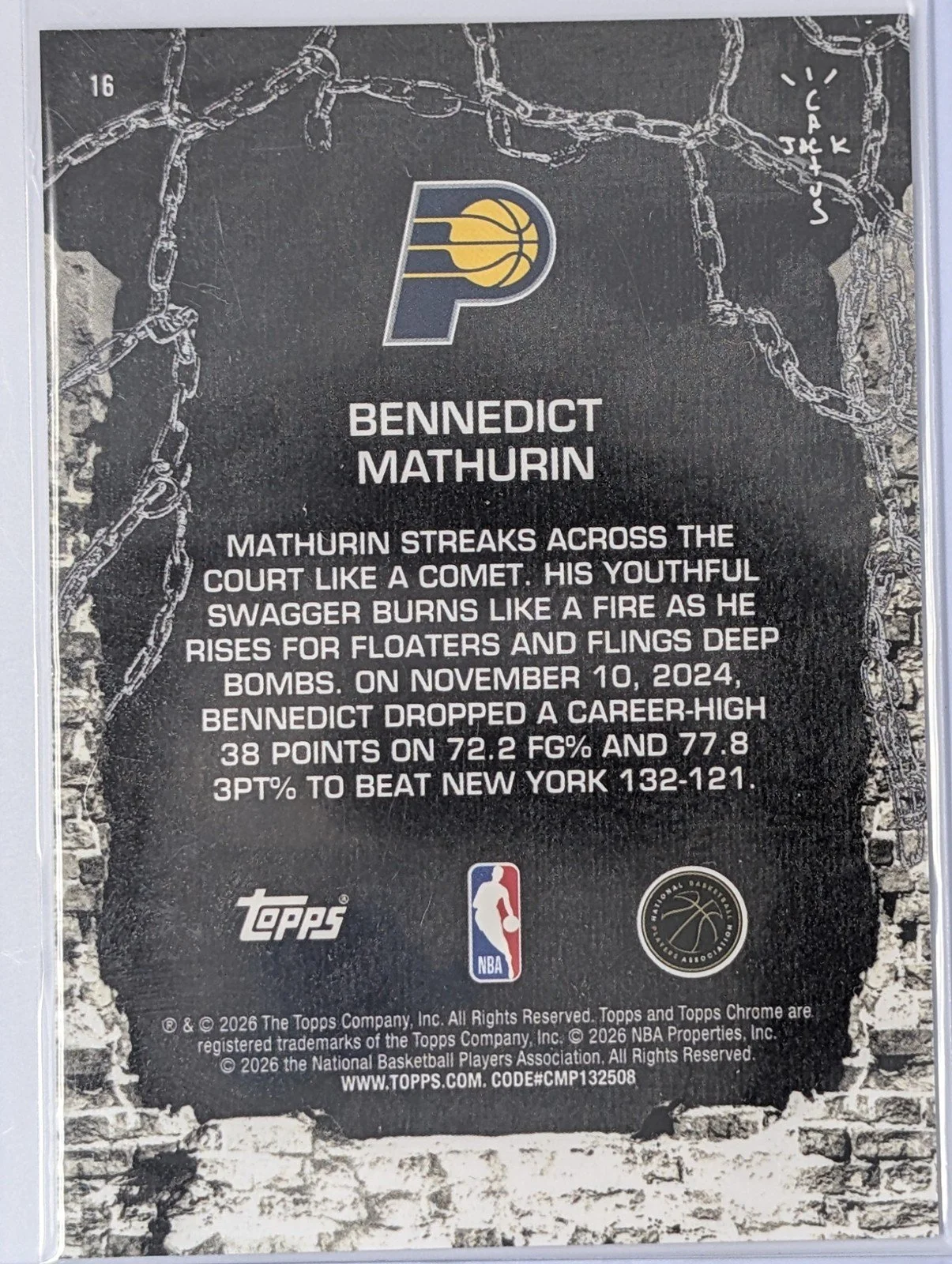 Back of 2025-26 Topps Chrome Cactus Jack #16 Bennedict Mathurin Pink Refractor #/250