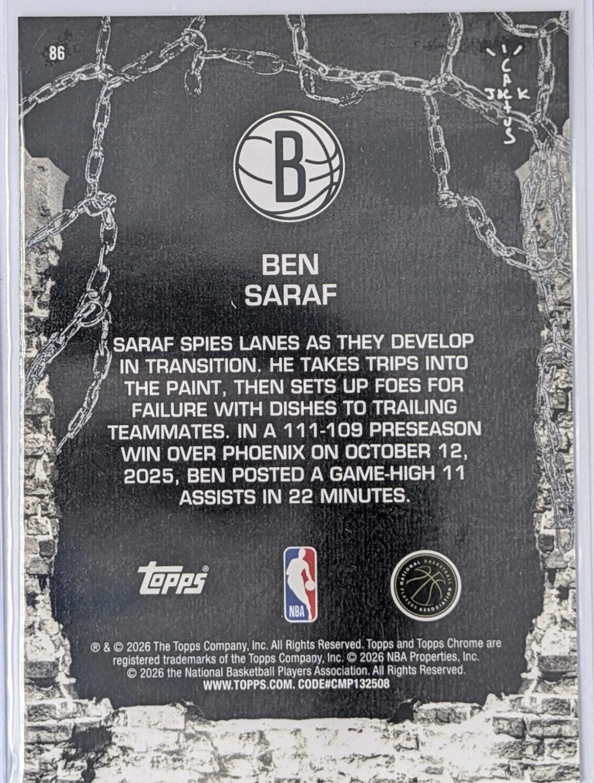 Back of 2025-26 Topps Chrome Cactus Jack Logo Fractor #86 Ben Saraf