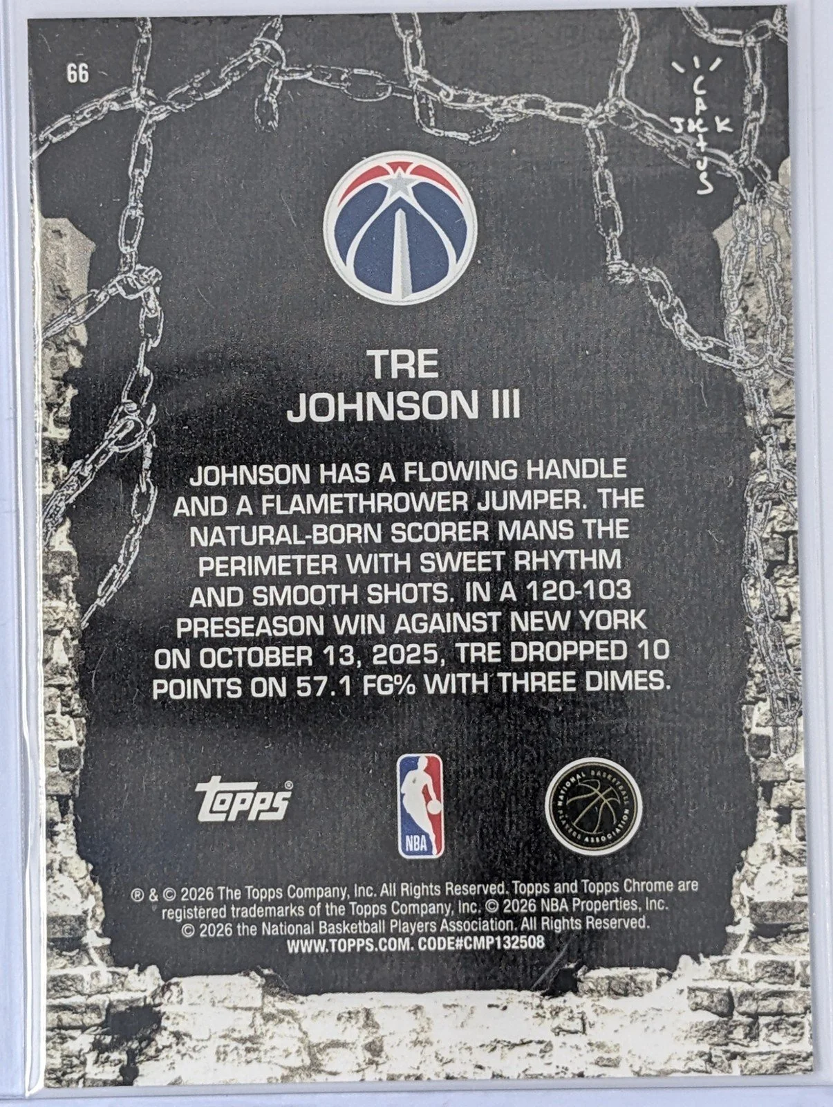 Back of 2025-26 Topps Chrome Cactus Jack #66 Tre Johnson III Aqua Shim  #/199
