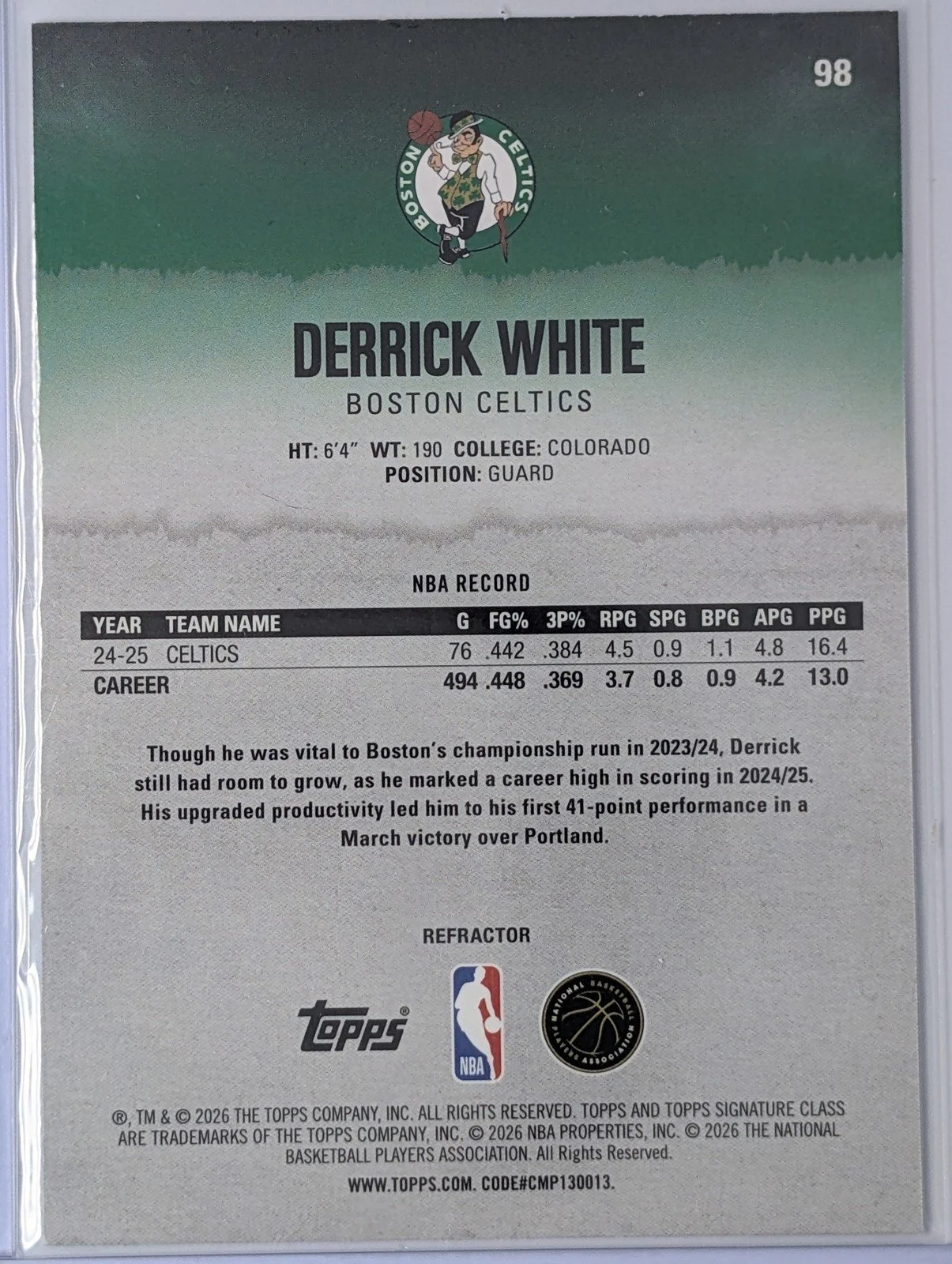 Back of 2025-26 Topps Signature Class #98 Derrick White Chrome Refractors