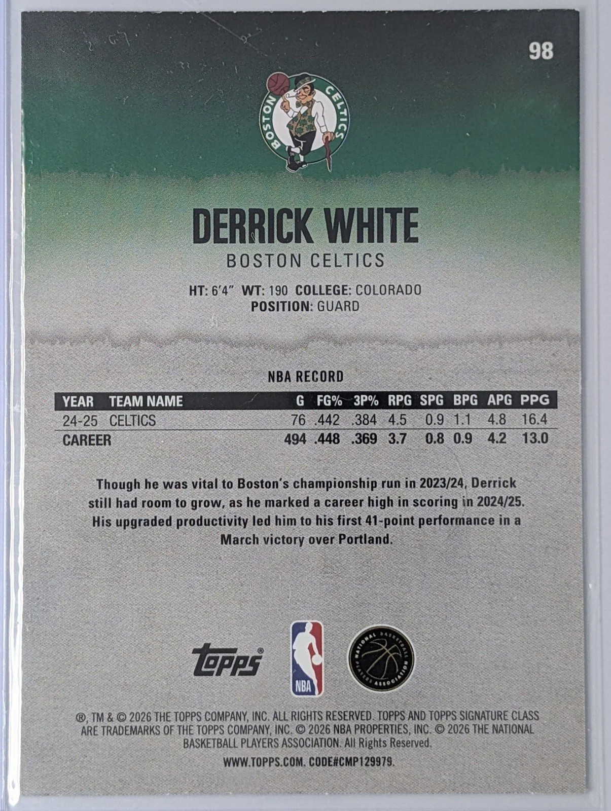 Back of 2025-26 Topps Signature Class #98 Derrick White Lime #/175