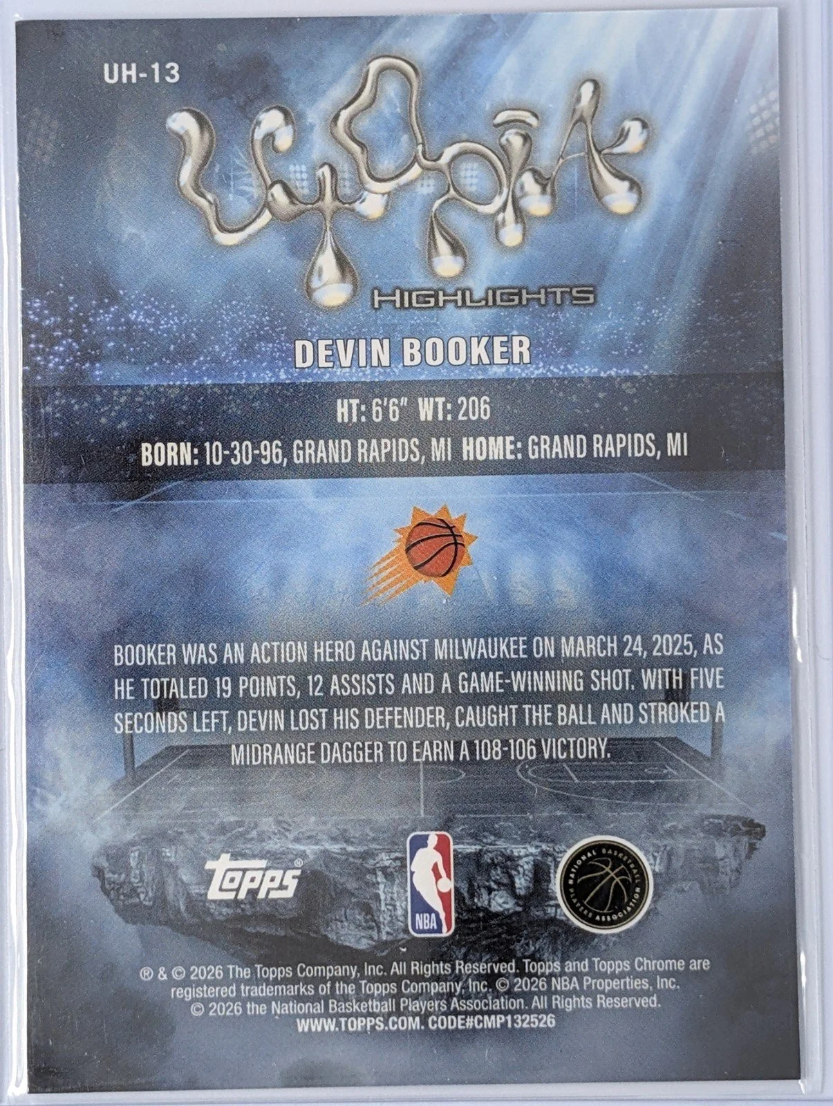 Back of 2025-26 Topps Chrome Cactus Jack #UH-13 Devin Booker Utopia Highlights