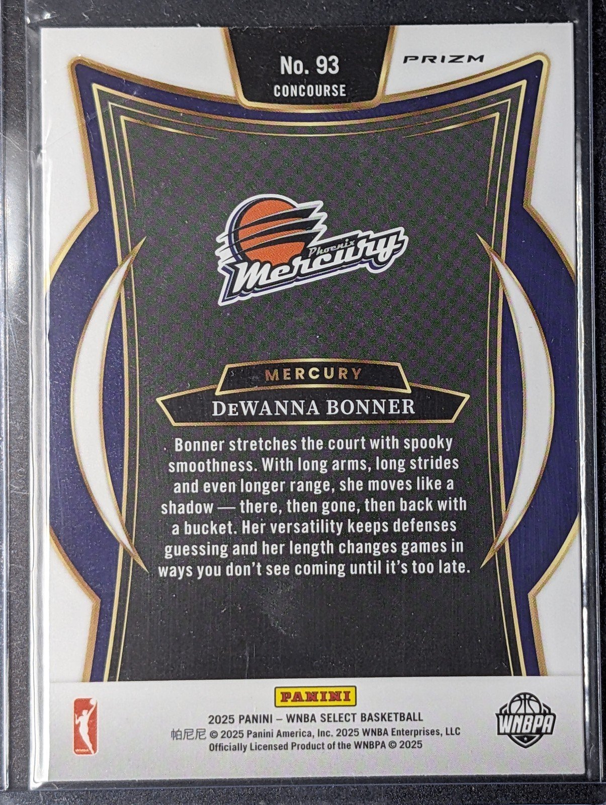 Back of 2025 Panini Select WNBA #93 DeWanna Bonner Green Ice Prizms