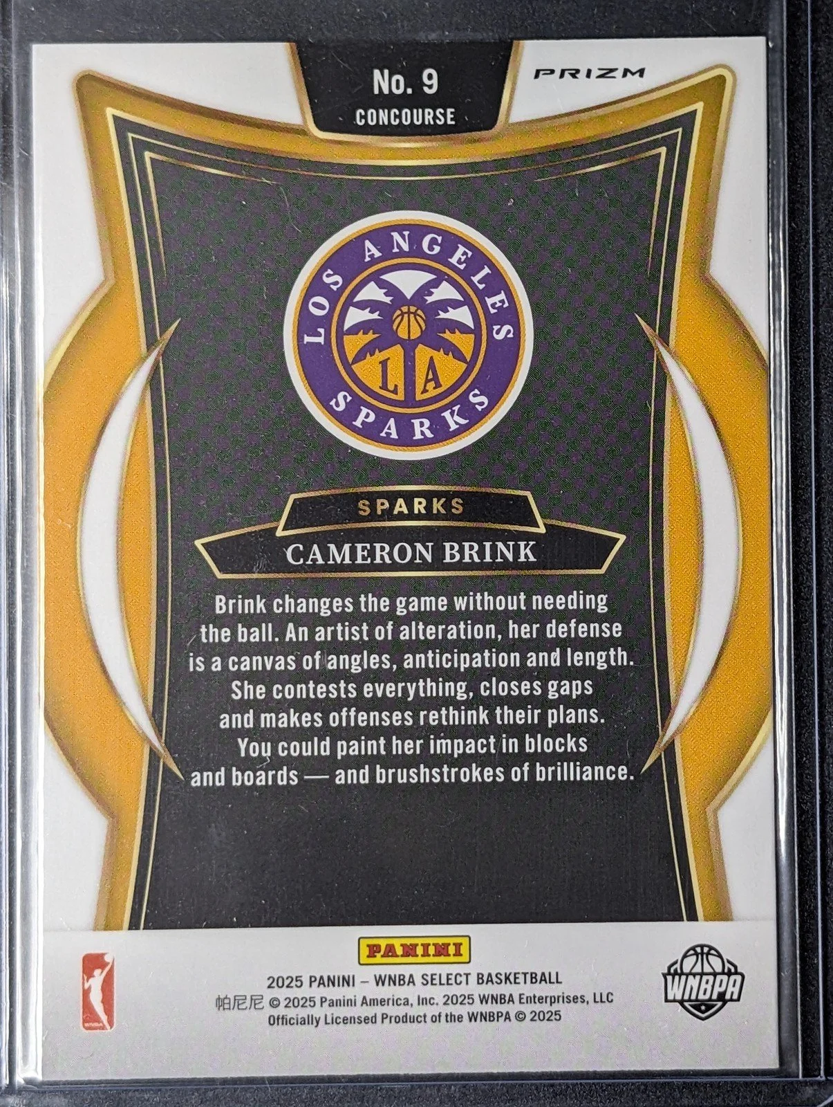 Back of 2025 Panini Select WNBA #9 Cameron Brink Silver Prizms