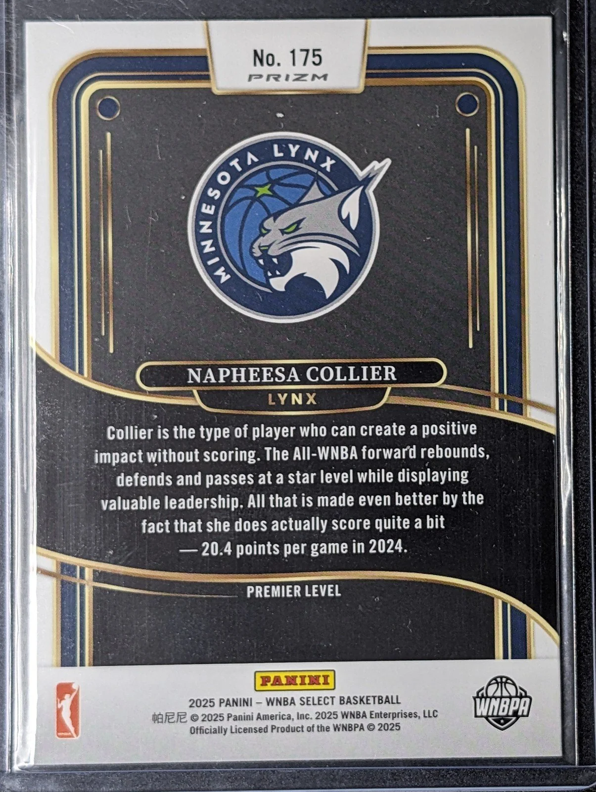 Back of 2025 Panini Select WNBA #175 Napheesa Collier Silver Prizms