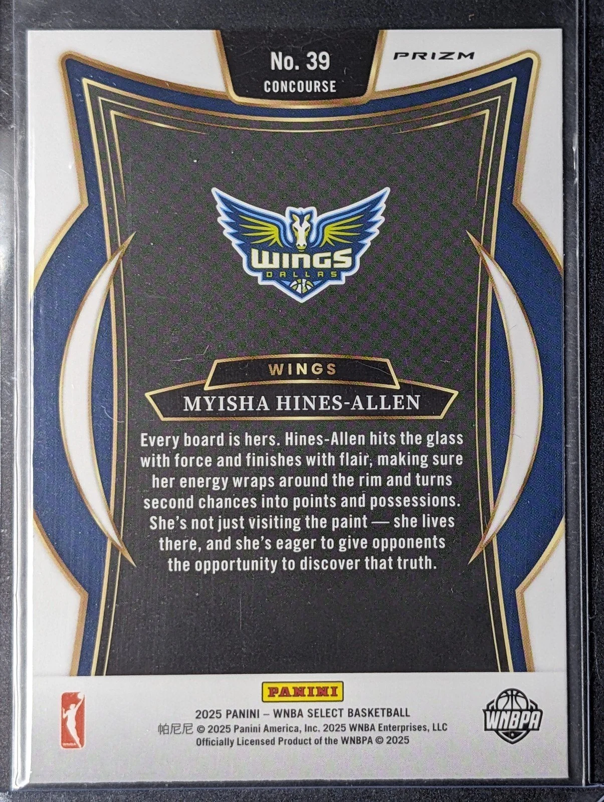 Back of 2025 Panini Select WNBA #39 Myisha Hines-Allen Silver Prizms