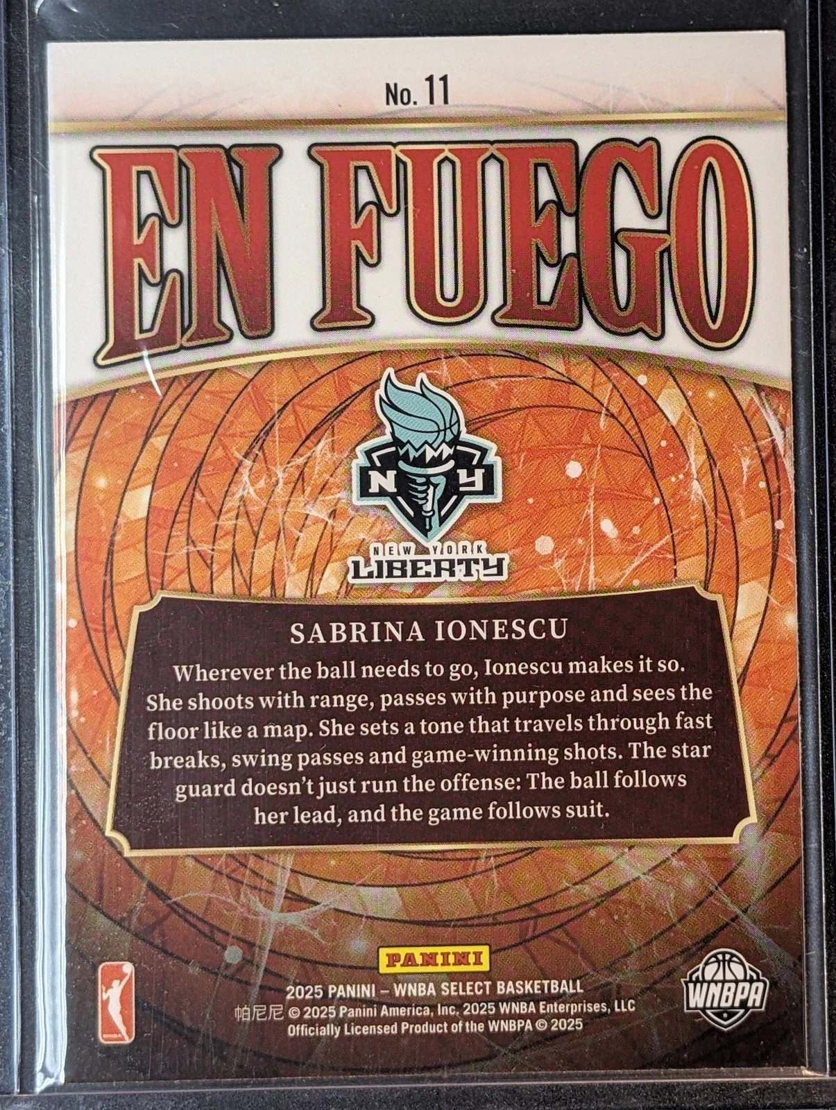 Back of 2025 Panini Select WNBA #11 Sabrina Ionescu En Fuego