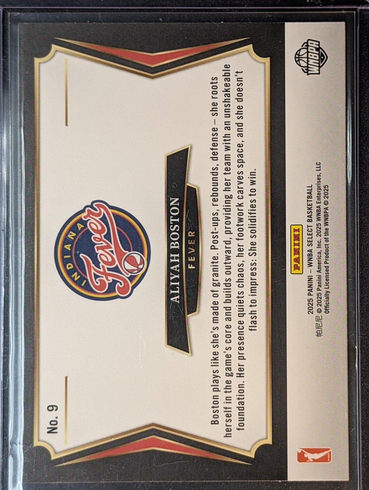Back of 2025 Panini Select WNBA #9 Aliyah Boston All-Stars