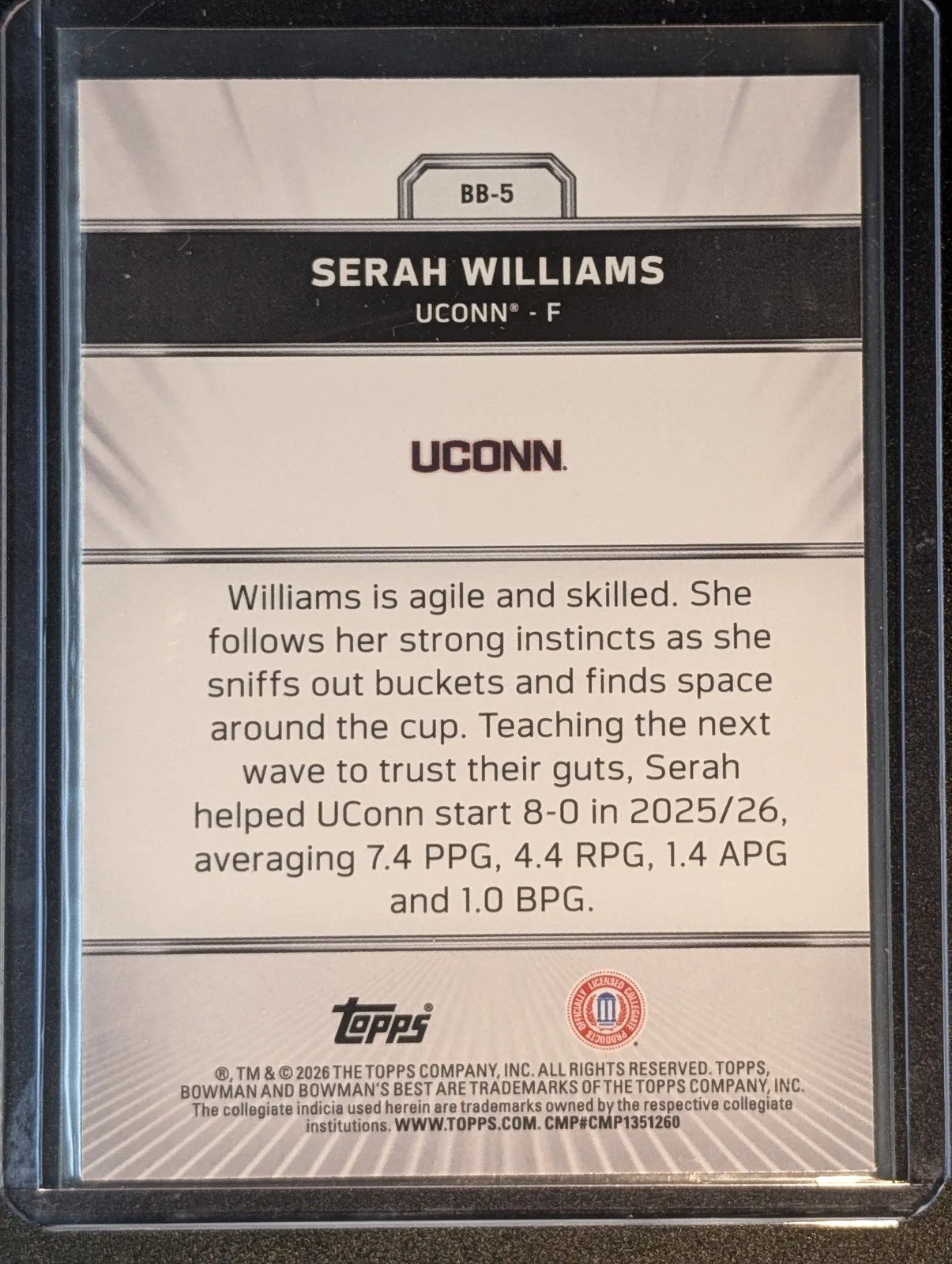 Back of 2025-26 Bowman Best  #BB-5 Serah Williams Breaking Barriers