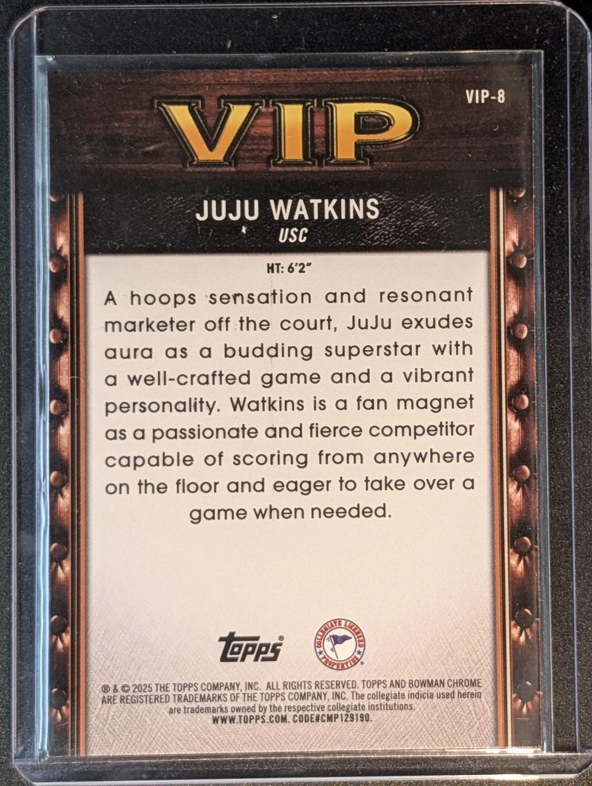 Back of 2025-26 Bowman #VIP-8 Juju Watkins Very Important Prospects