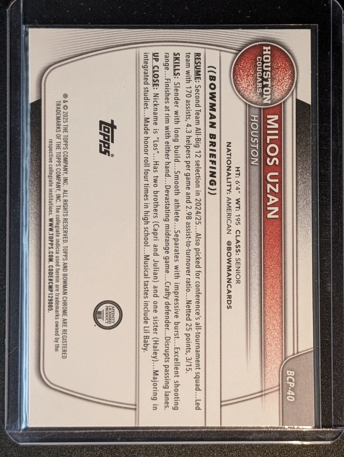 Back of 2025-26 Bowman #BCP-40 Milos Uzan Chrome Prospects