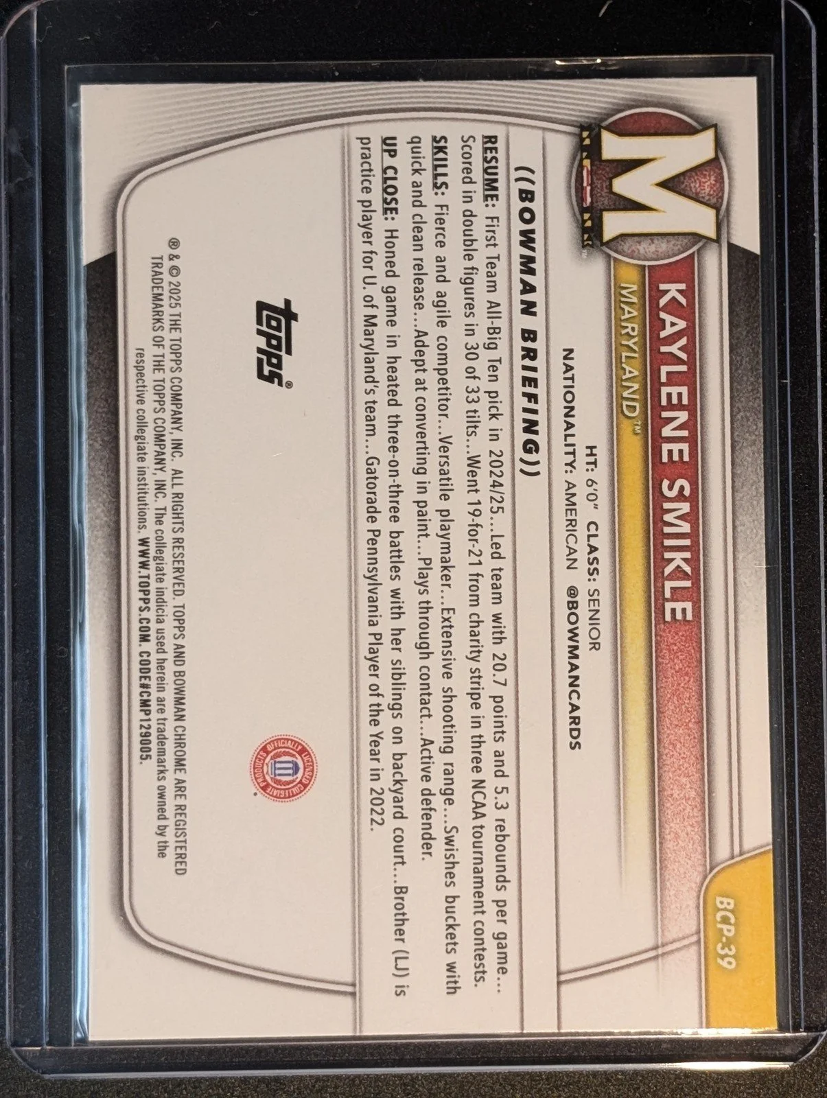 Back of 2025-26 Bowman #BCP-39 Kaylene Smikle Chrome Prospects