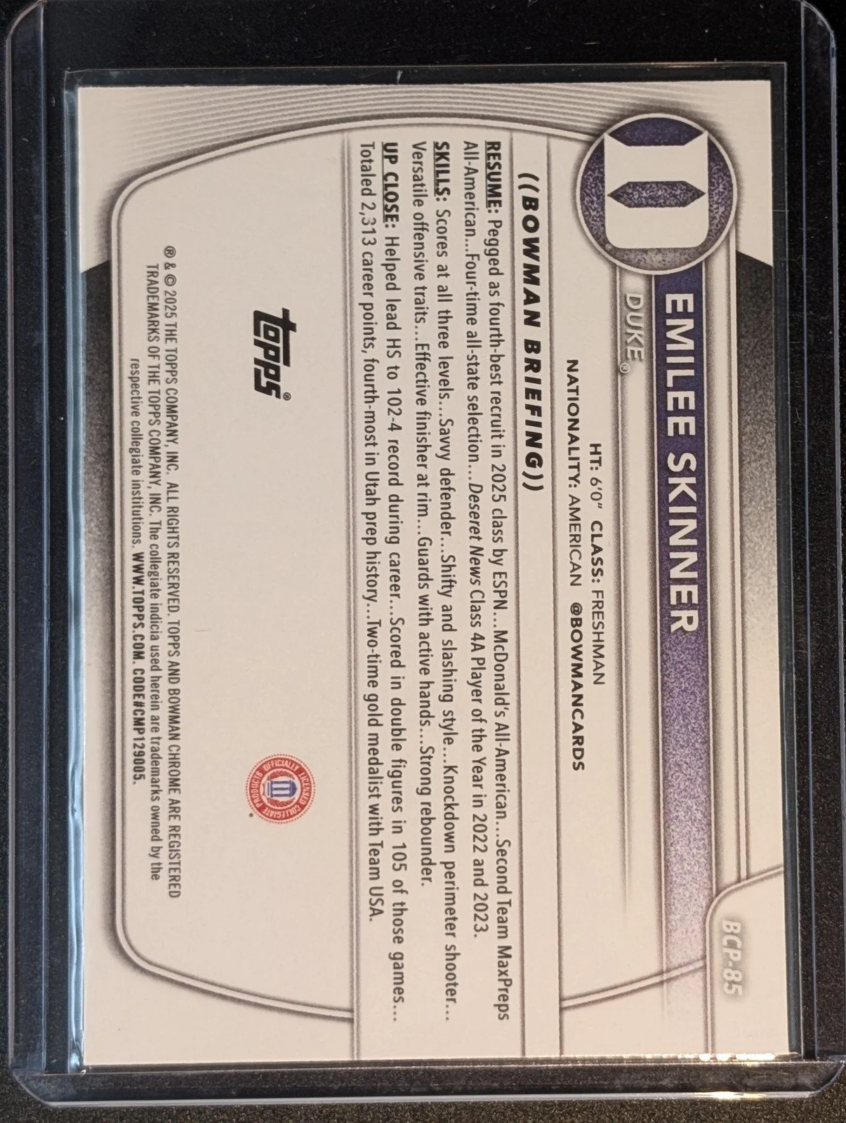 Back of 2025-26 Bowman #BCP-85 Emilee Skinner Chrome Prospects
