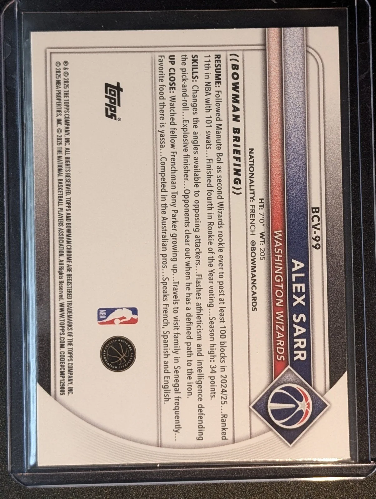 Back of 2025-26 Bowman #BCV-99 Alex Sarr Chrome