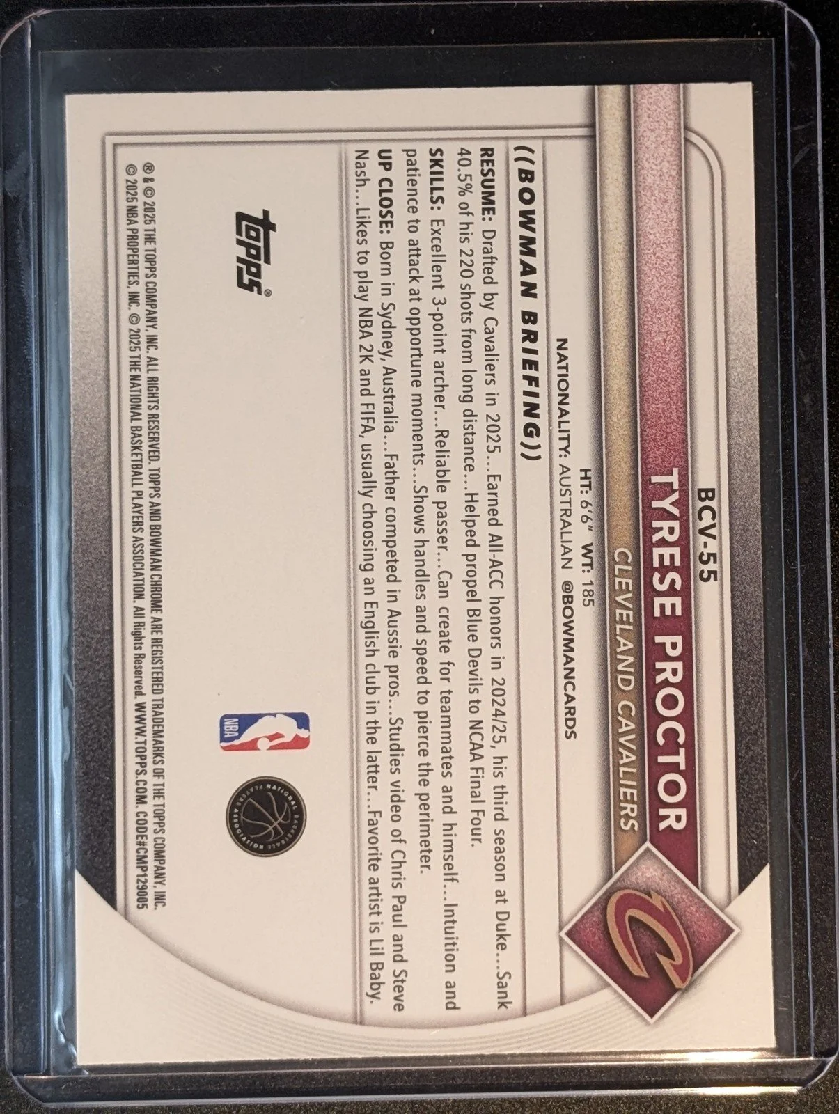 Back of 2025-26 Bowman #BCV-55 Tyrese Proctor Chrome
