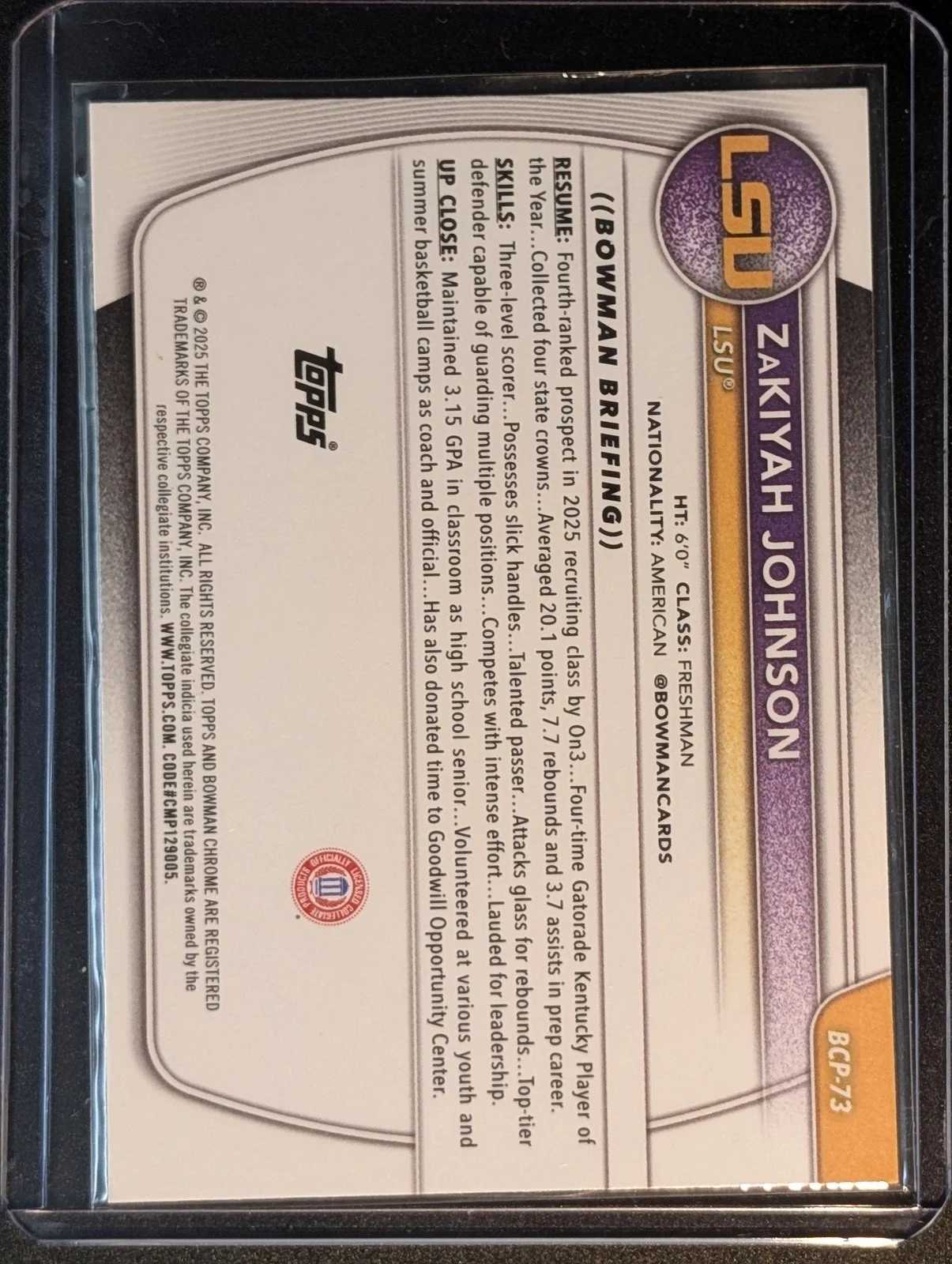 Back of 2025-26 Bowman #BCP-73 ZaKiyah Johnson Chrome Prospects