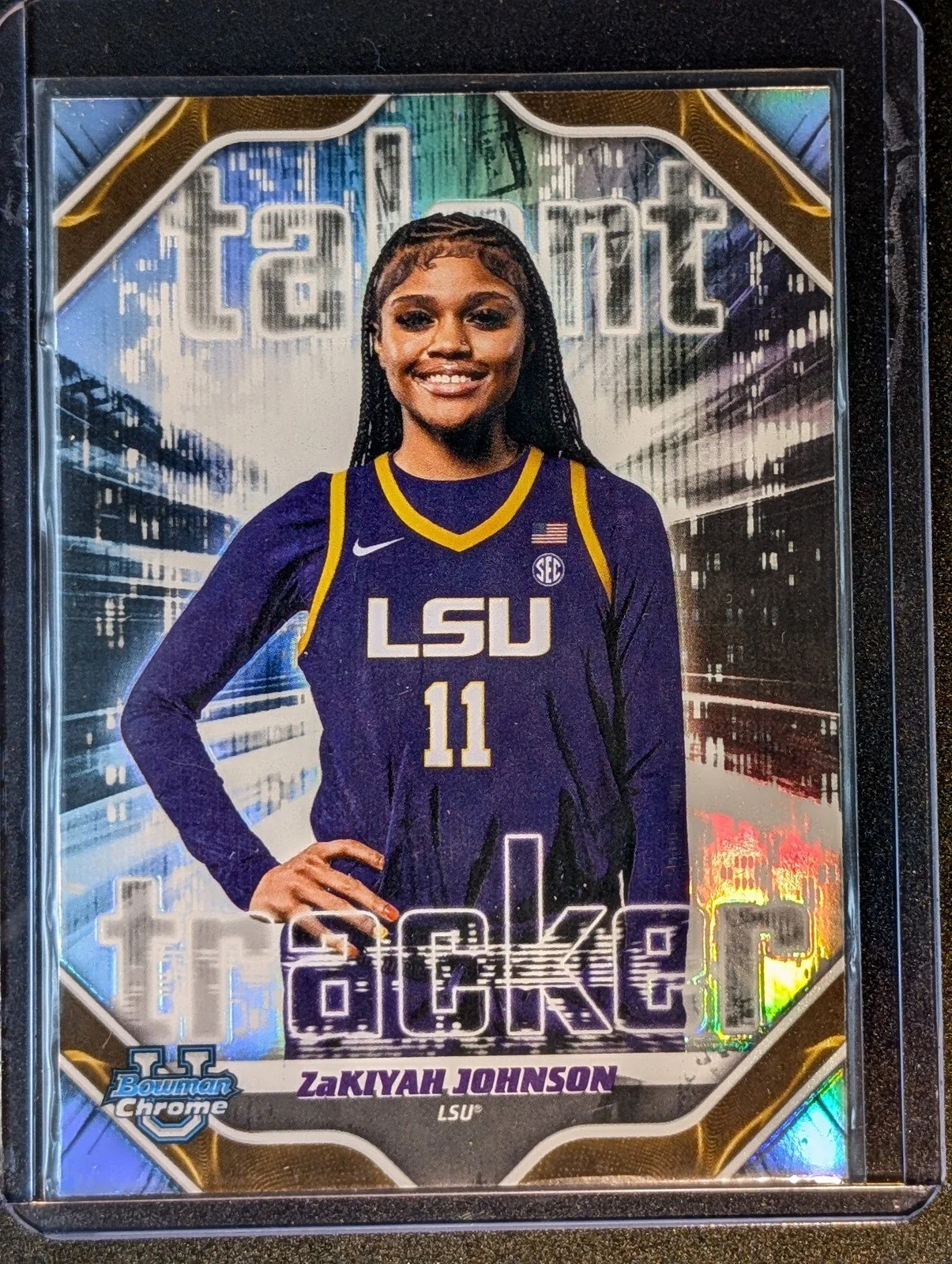 Front of 2025-26 Bowman #TT-17 ZaKiyah Johnson Talent Tracker Refractor