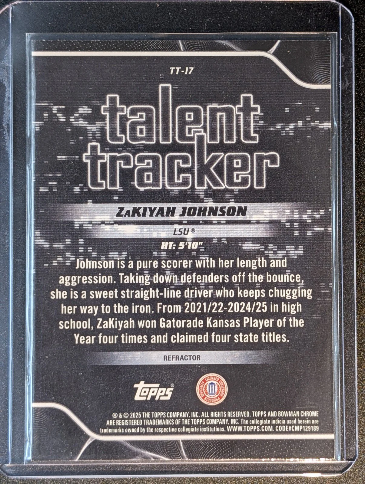 Back of 2025-26 Bowman #TT-17 ZaKiyah Johnson Talent Tracker Refractor