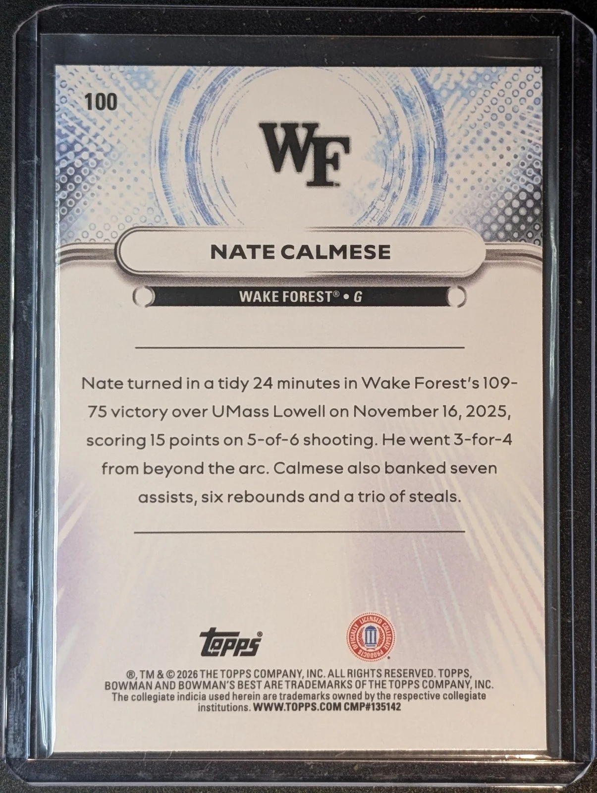 Back of 2025-26 Bowman University U Best Shimmer Refractor SP Nate Calmese #100
