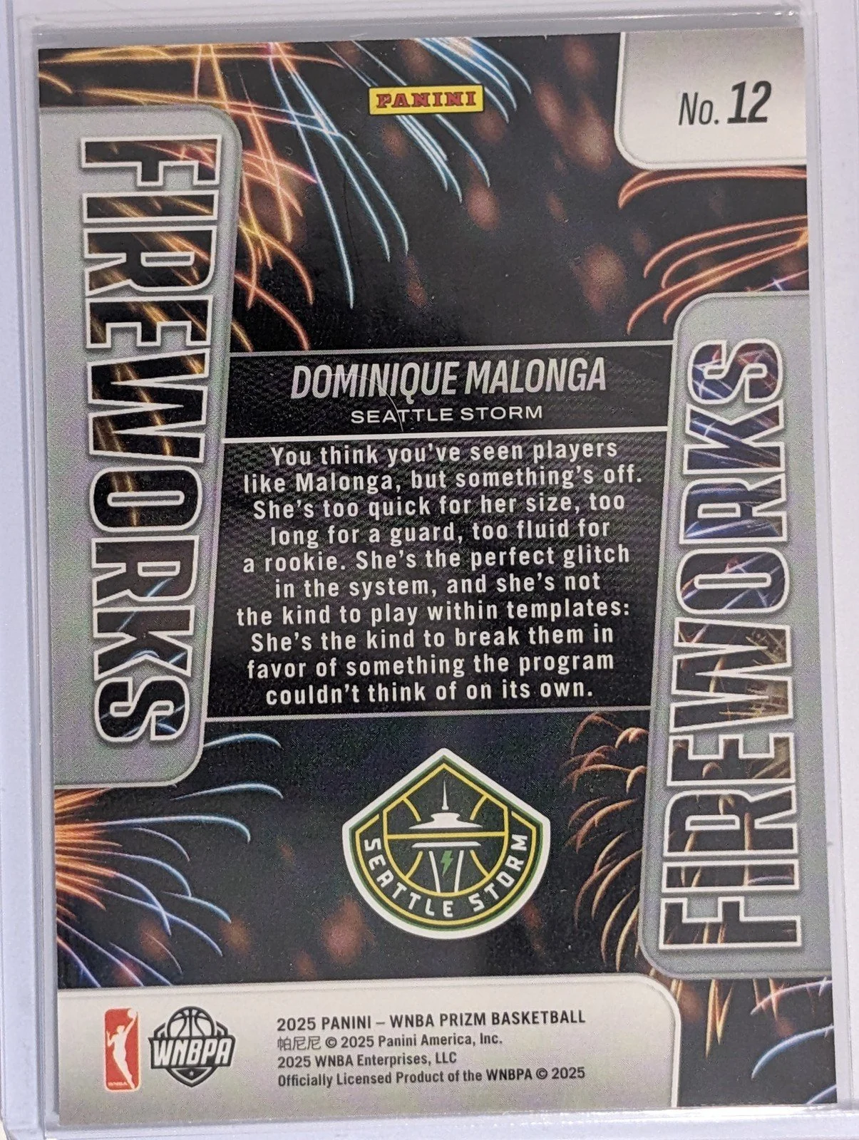 Back of 2025 Panini Prizm WNBA #12 Dominique Malonga Fireworks