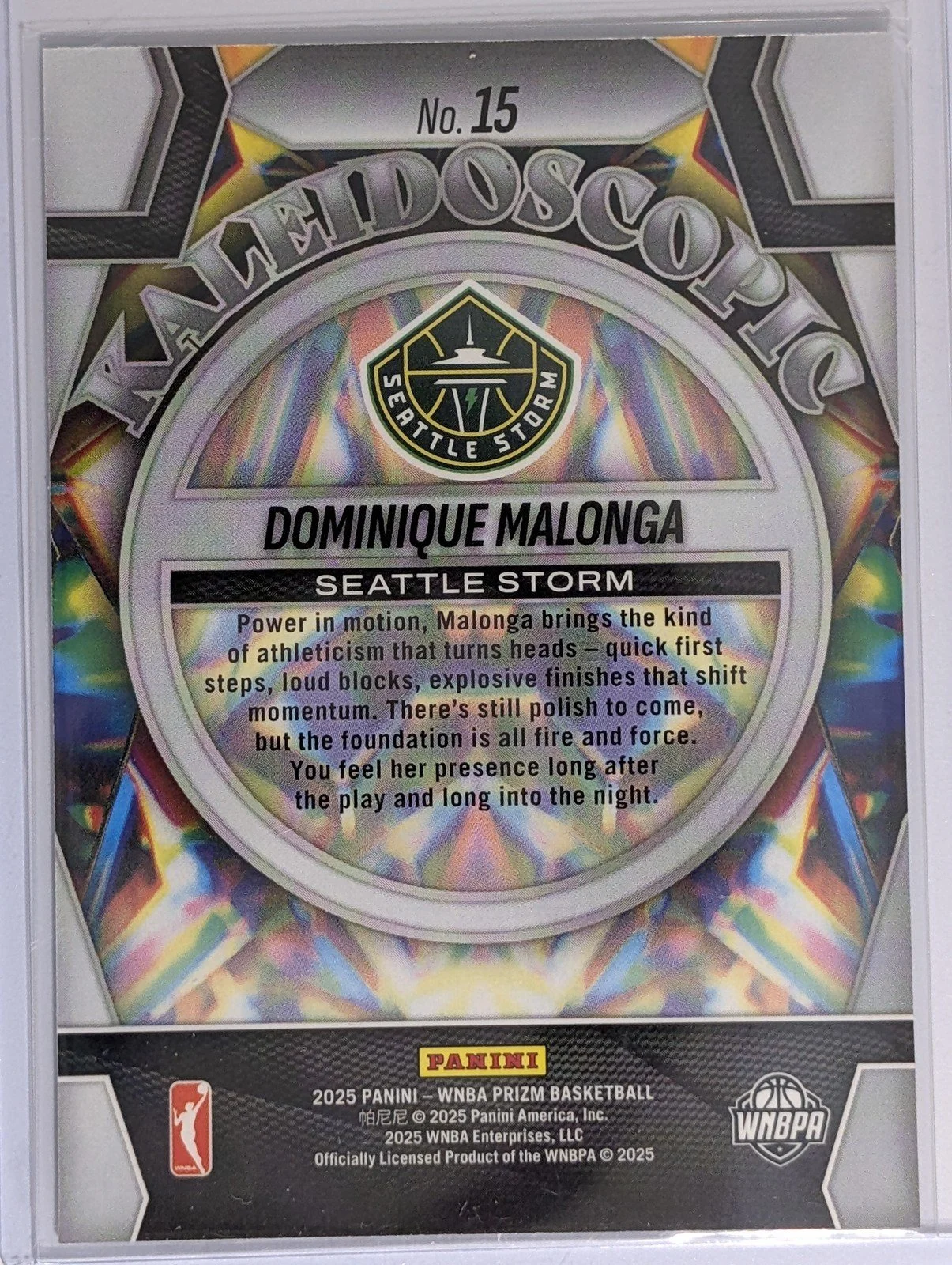 Back of 2025 Panini Prizm WNBA #15 Dominique Malonga Kaleidoscopic