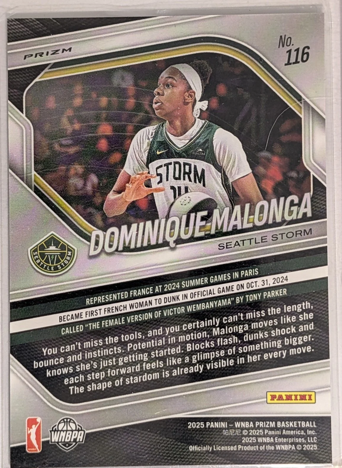 Back of 2025 Panini Prizm WNBA Dominique Malonga #116 RC Swirl Prizm SP