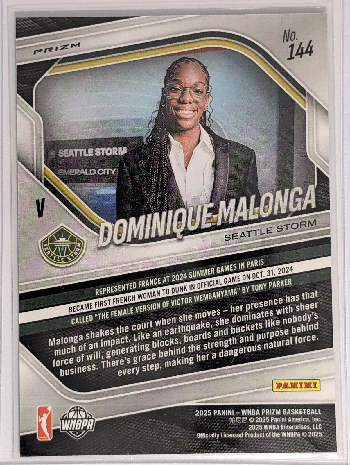 Back of 2025 Panini Prizm WNBA #144 Dominique Malonga Silver Prizms
