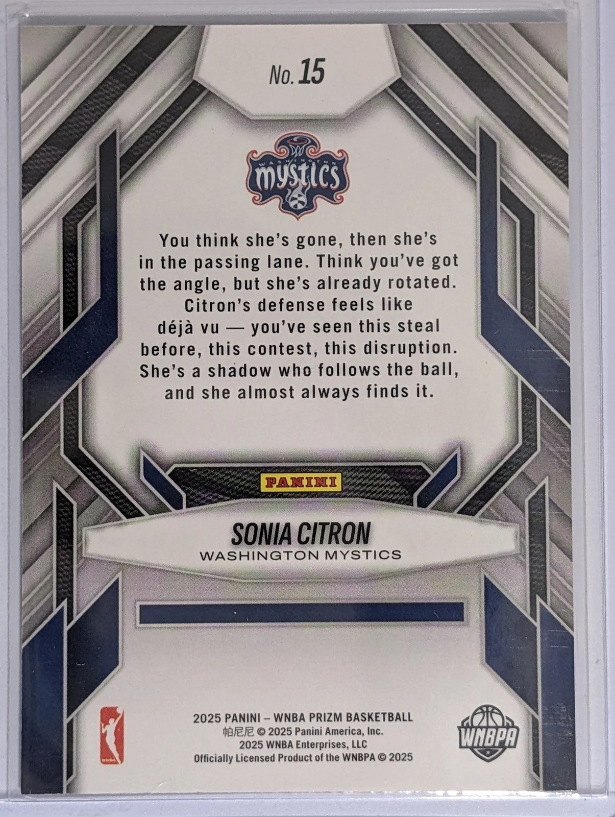 Back of 2025 Panini Prizm WNBA #15 Sonia Citron Fearless RC