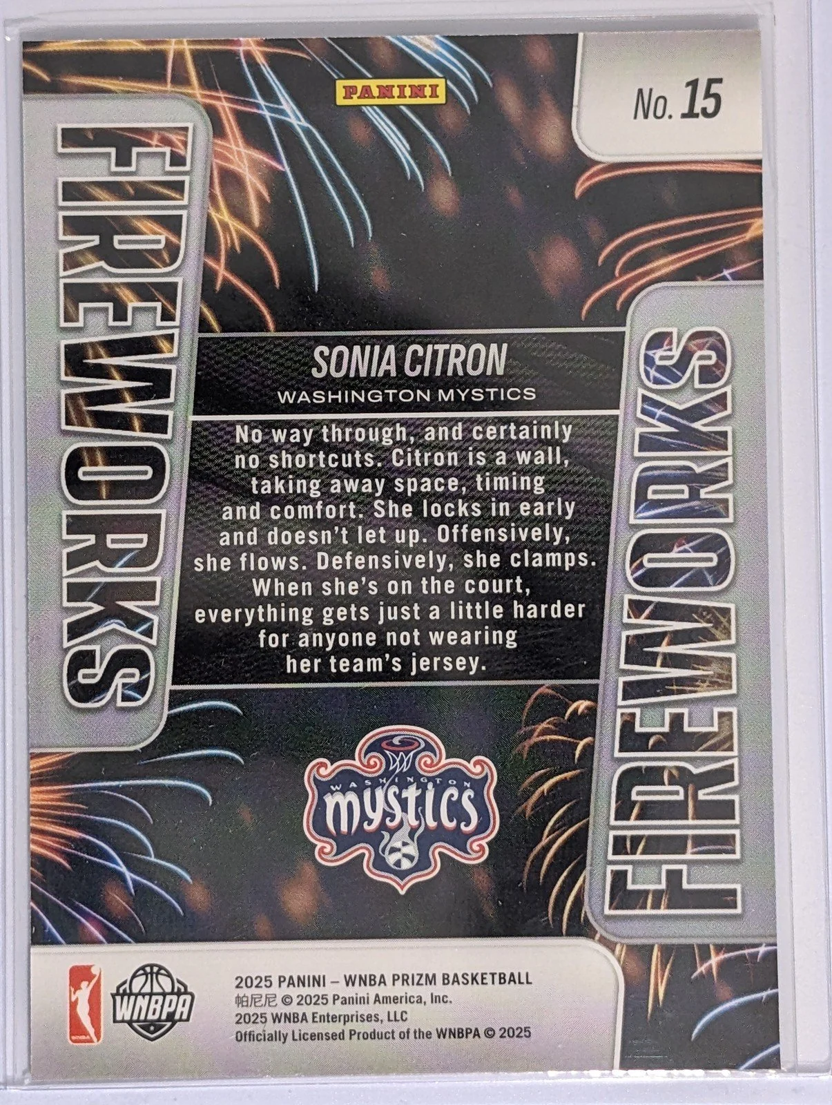 Back of 2025 Panini Prizm WNBA #15 Sonia Citron Fireworks