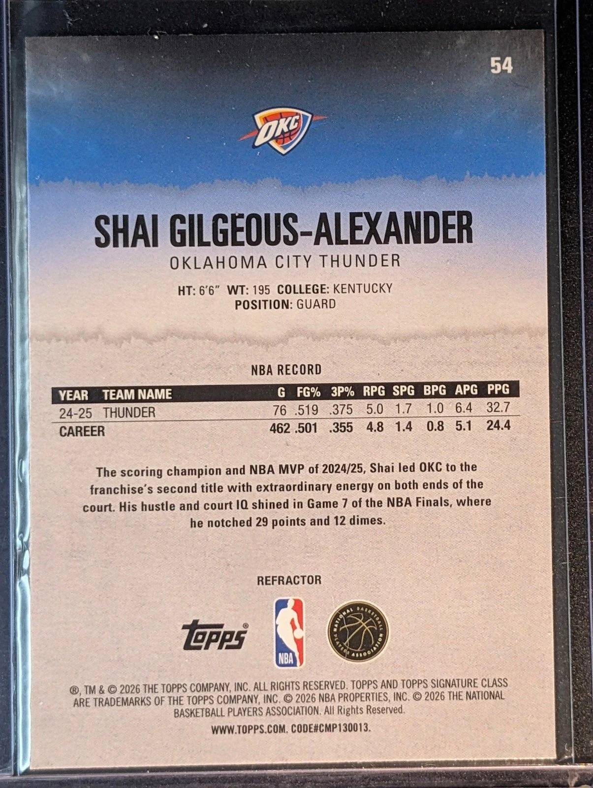 Back of 2025-26 Topps Signature Class #54 Shai Gilgeous-Alexander Chrome Refractors