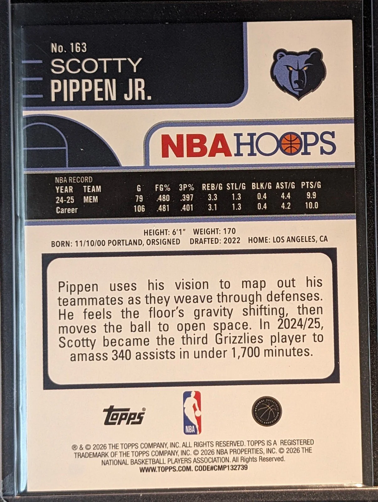 Back of 2025-26 Hoops #163 Scotty Pippen Jr. Rainbow Gold and Green #/199