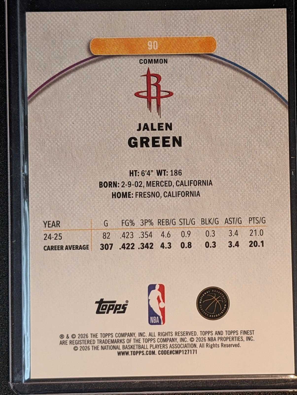 Back of 2025-26 Finest #90 Jalen Green Purple Refractor #/250