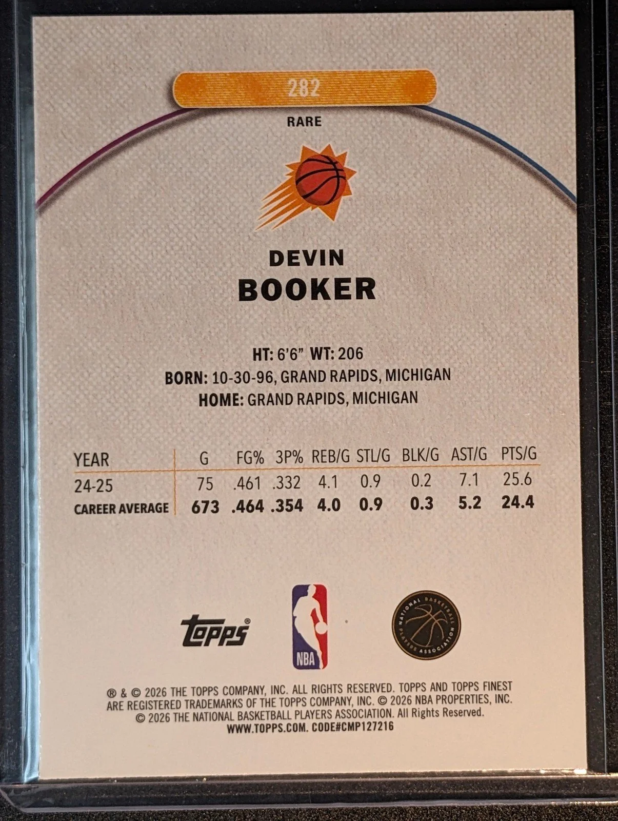 Back of 2025-26 Finest /75 #282 Devin Booker Purple X-Fractor