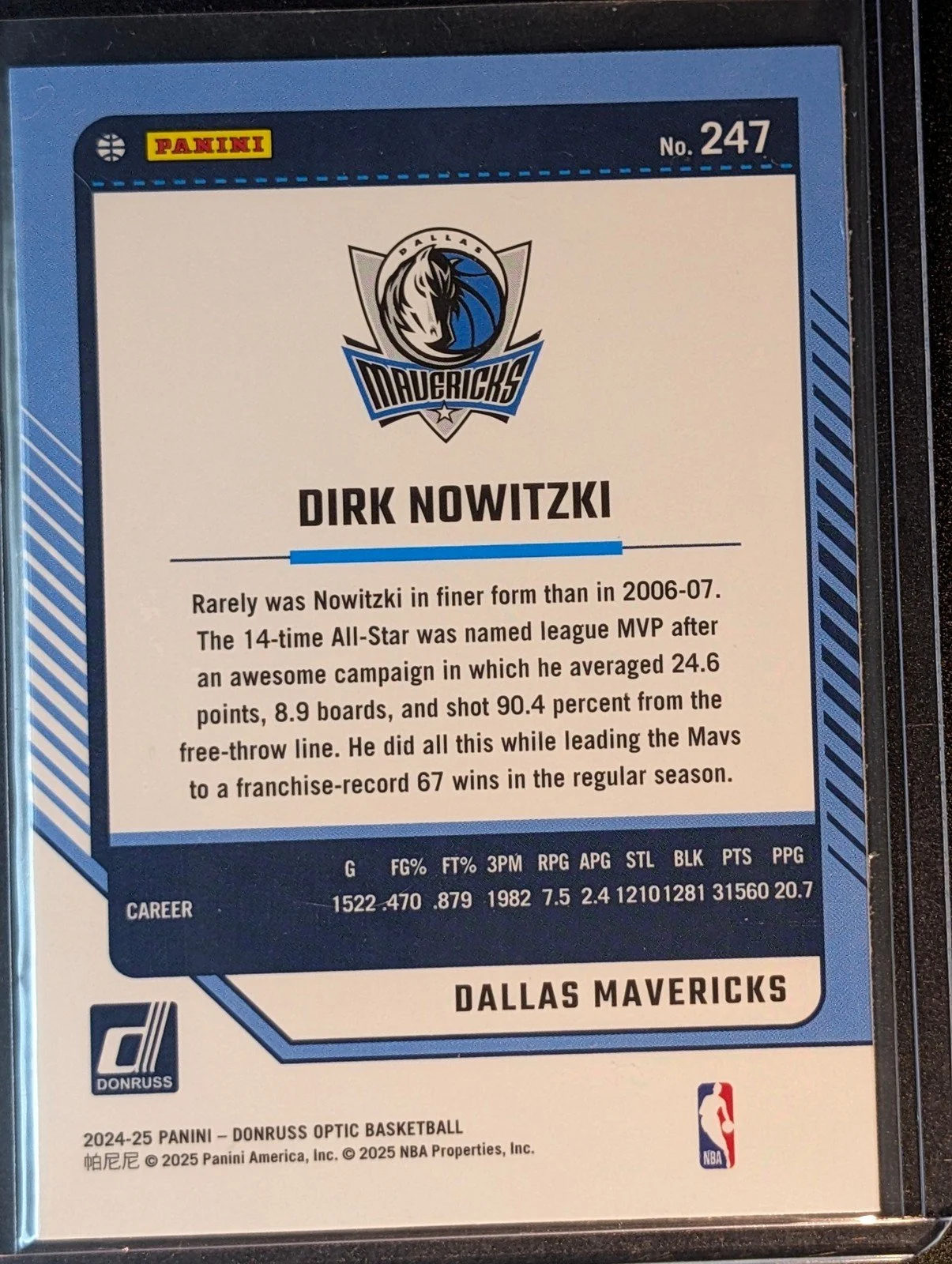 Back of 2024-25 Donruss Optic #247 Dirk Nowitzki