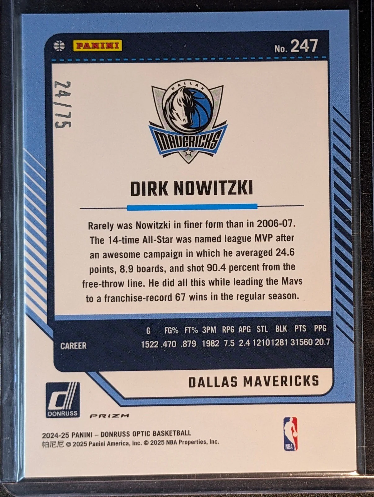 Back of 2024-25 Donruss Optic #247 Dirk Nowitzki Red Glitter #/75