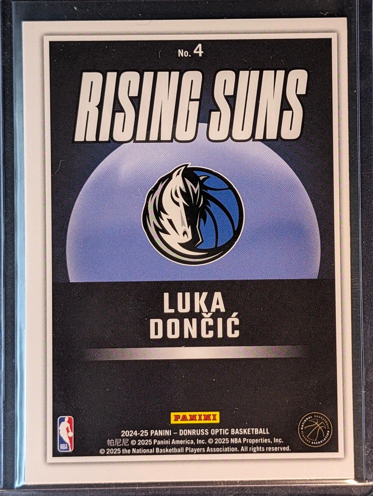 Back of 2024-25 Donruss Optic #4 Luka Doncic Rising Suns