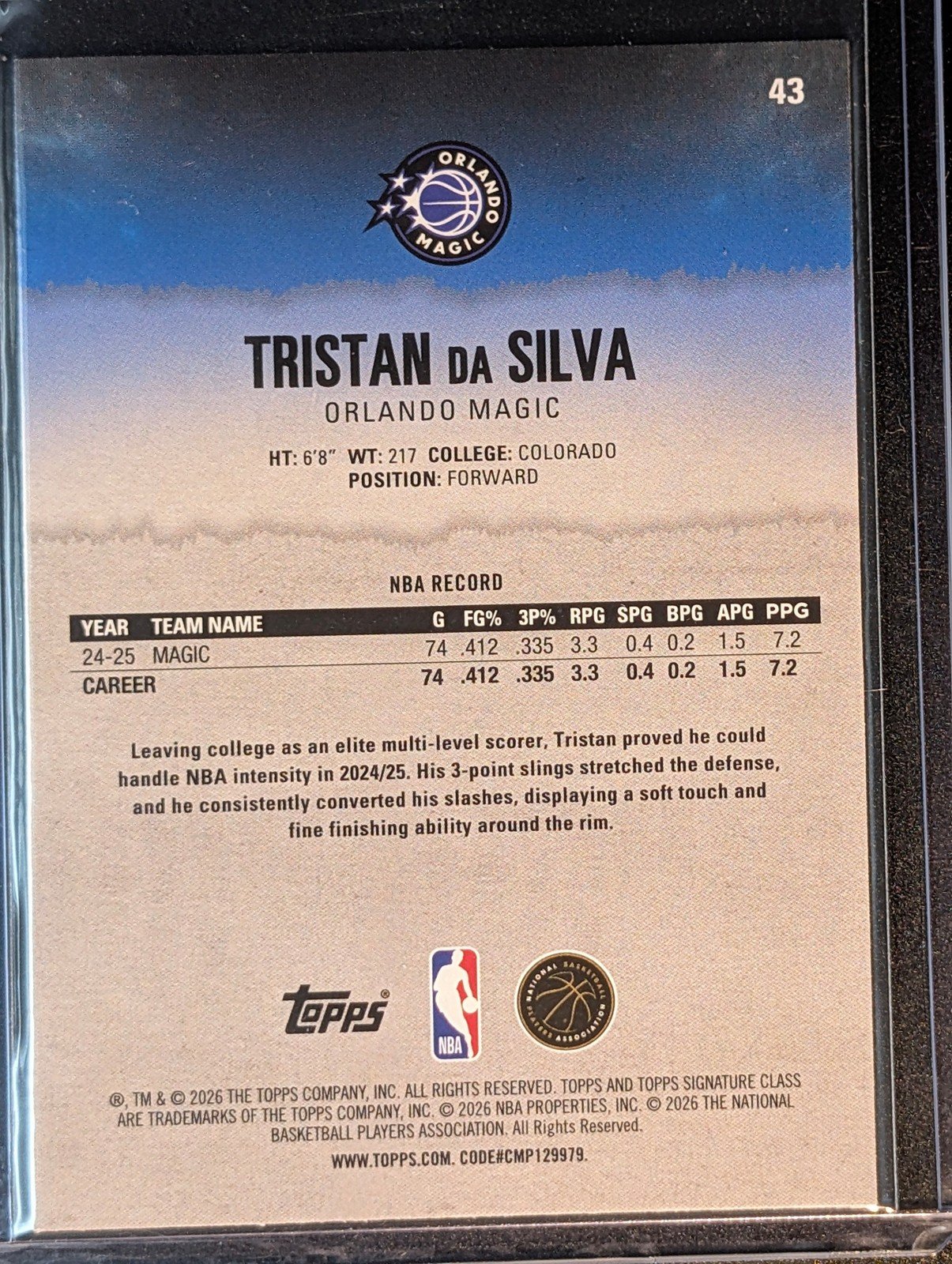 Back of 2025-26 Topps Signature Class #43 Tristan da Silva  #/225 Color match