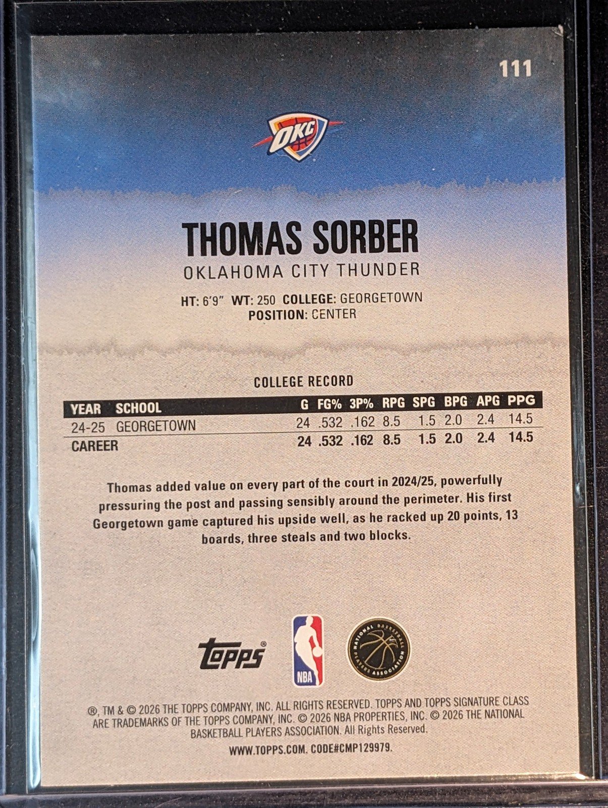 Back of 2025-26 Topps Signature Class #111 Thomas Sorber Teal #/225