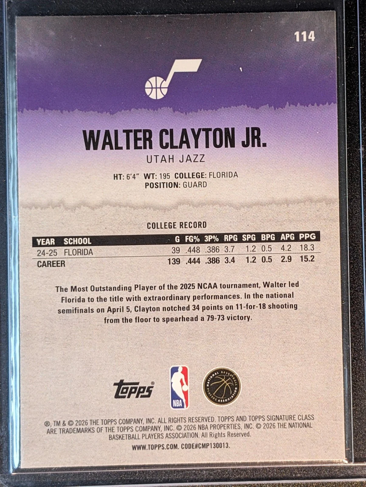 Back of 2025-26 Topps Signature Class #114 Walter Clayton Jr. Chrome