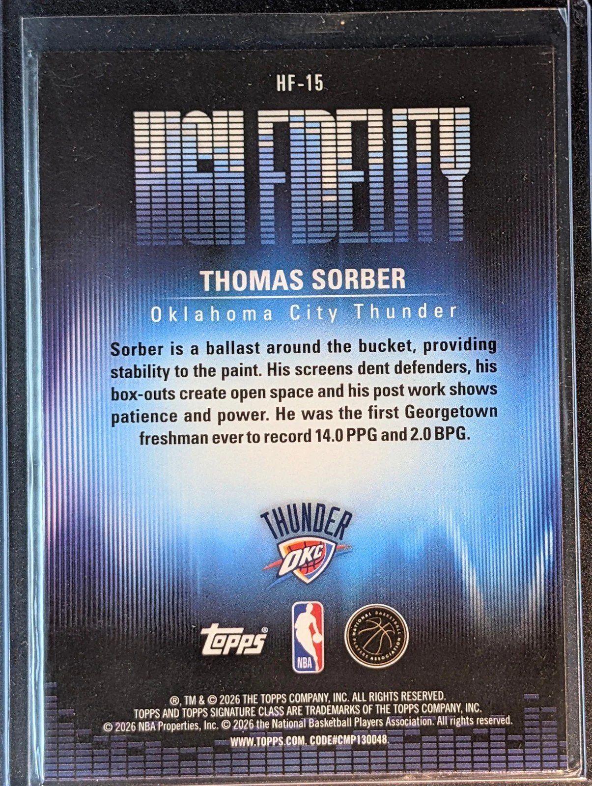 Back of 2025-26 Topps Signature Class #HF-15 Thomas Sorber High Fidelity