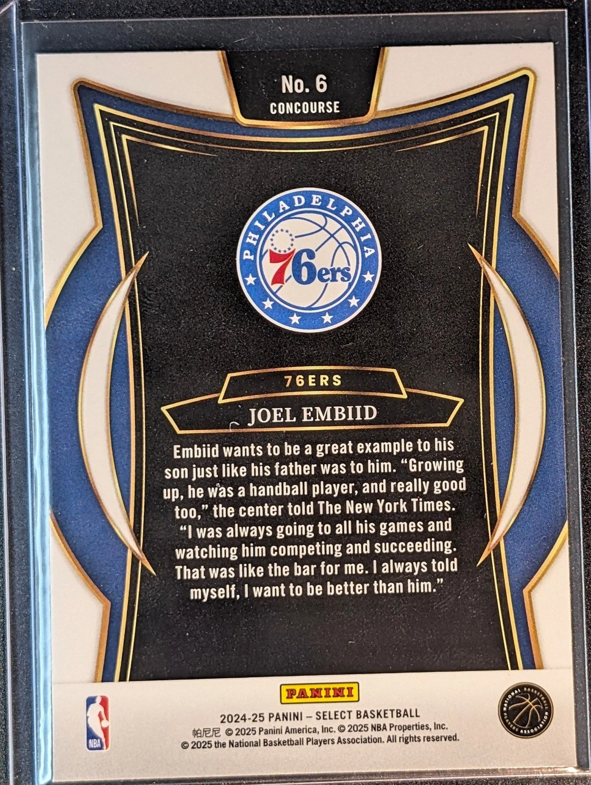 Back of 2024-25 Panini Select #6 Joel Embiid
