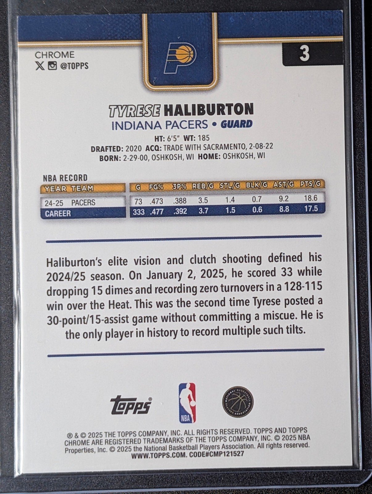 Back of 2025-26 Topps Chrome #3 Tyrese Haliburton image variation SP