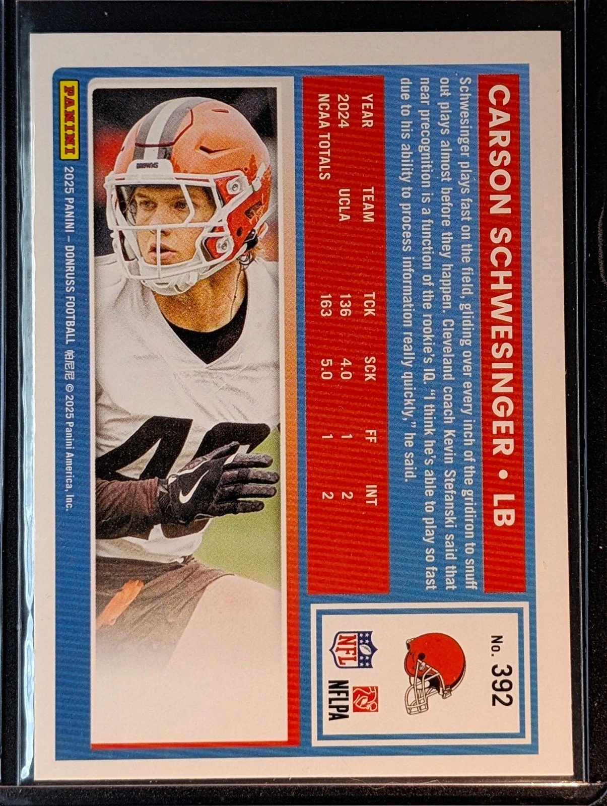 Back of 2025 Donruss #392 Carson Schwesinger Press Proofs Green
