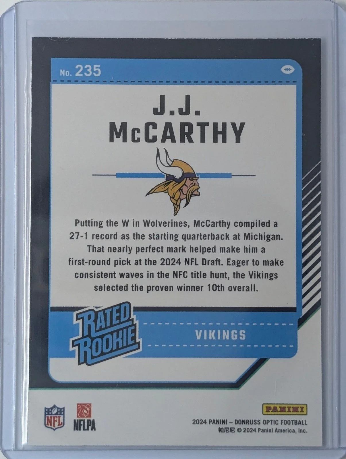 Back of 2024 Donruss Optic #235 J.J. McCarthy Rated Rookie
