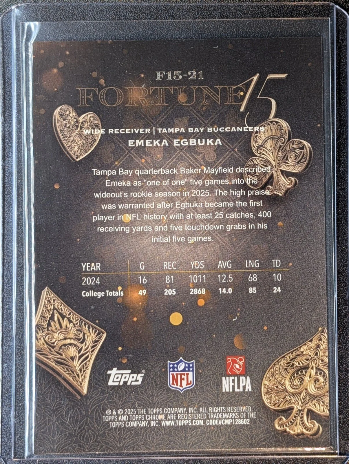 Back of 2025 Topps Chrome #F15-21 Emeka Egbuka Fortune 15 RC