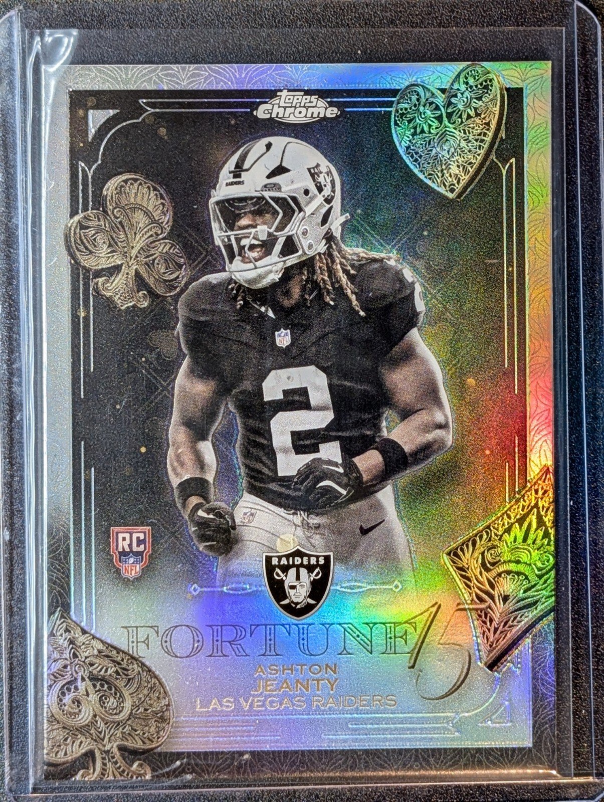 Front of 2025 Topps Chrome #F15-24 Ashton Jeanty RC Fortune 15 Refractor